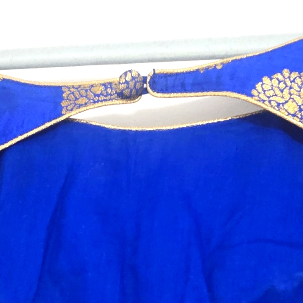 Ready To Wear Royal Blue Dupion Silk Readymade Saree Blouse with Long Sleeves - Picture 6 of 7